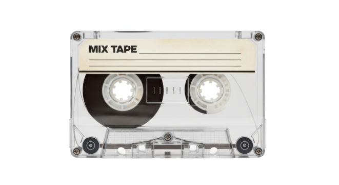 Transparent Cassette Tape With A Blank Label and Mixed Tape Text Isolated on Transparent Background - Powered by Adobe