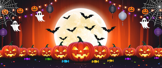 Happy Halloween banner, pumpkins, bats, full moon, spiderwebs, candy, orange and black colors, festive decorations, spooky atmosphere