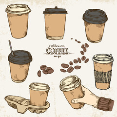 Hand-drawn collection with disposable paper cups of takeaway coffee on a light textured background.