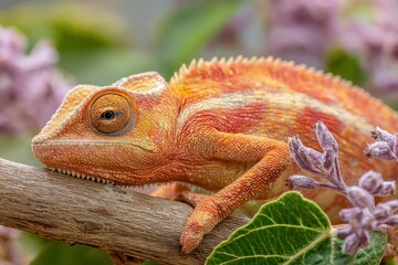 Fototapeta premium Orange chameleon resting peacefully on a branch surrounded by purple flowers and green leaves