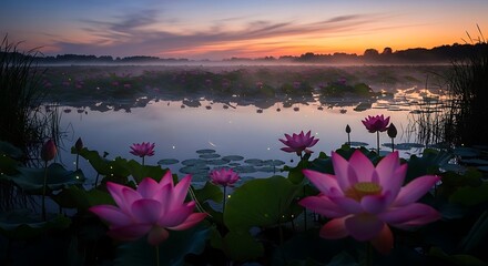 Lotus Blossoms at Dawn - A Serene Lakeside Landscape.