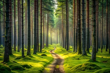 A dirt path winds through a lush green forest with tall trees