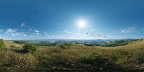 Breathtaking hdr panoramic view of nature landscape sunny hills outdoor wide angle