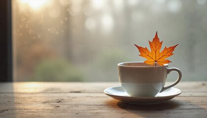 Fototapeta premium Coffee cup with autumn leaf on wooden table by window in morning 