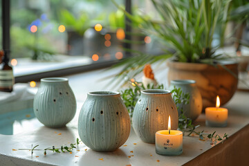 Relaxing spa interior with lit candles, bamboo mat, rolled white towels, and natural wooden tray, warm ambient lighting, cozy and serene mood