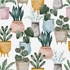 Boho Watercolor Houseplants Seamless Pattern