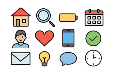 シンプルでカラフルなフラットアイコンセット（家・ハート・時計など）