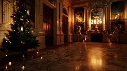 Obraz premium Elegant Christmas Decor in Luxurious Ballroom with Sparkling Tree and Festive Lights for New Year Celebration