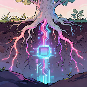 Futuristic tree roots connected to technology chip underground

