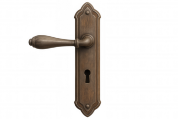 Vintage brass door handle with keyhole on an isolated transparent background, representing access and security