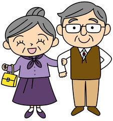 可愛らしいタッチの笑顔で腕を組む老夫婦のイラスト ベクター