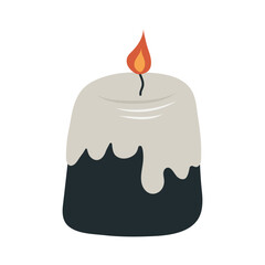 A cute, hand-drawn vector illustration of a two-tone Halloween candle, lit and melting with dripping wax. Perfect for spooky and festive designs.