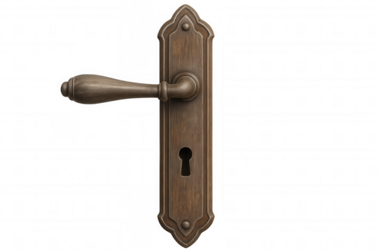 Vintage brass door handle with keyhole on an isolated transparent background, representing access and security