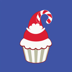 Cupcake with Santa hat and candy cane illustration silhouette on a blue background