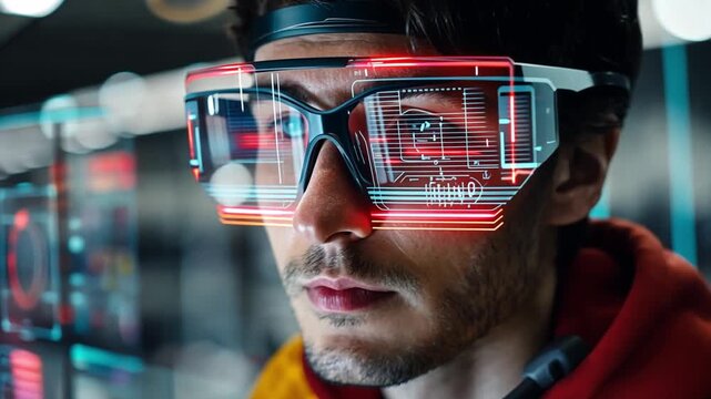 Predictive quality alert glowing on an augmented assembly screen worn by a technician, a scene of proactive manufacturing.