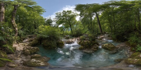 Obraz premium Nature adventure scenic river hdr panorama lush forest serene environment
