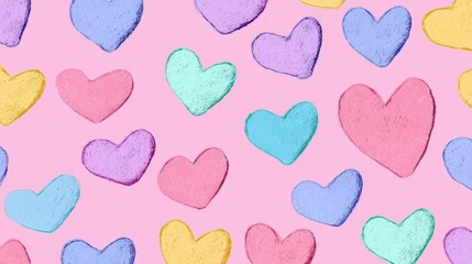 Fototapeta premium Seamless pattern of colorful hearts on a pink background. the hearts are of different sizes and colors, including pink, blue, yellow, and purple.
