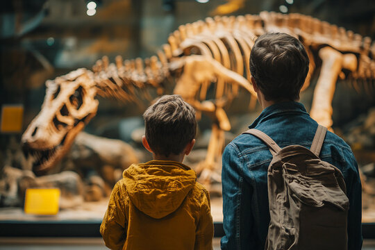 Generative AI Image of Parent and Child Exploring Dinosaur Skeletons in Historical Museum Exhibition