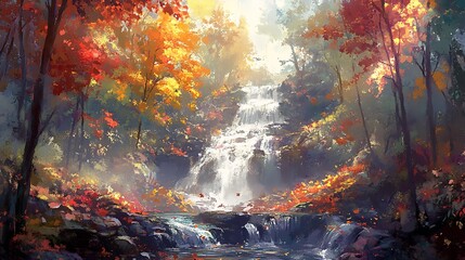 An artistic rendering of a majestic waterfall cascading through a vibrant autumn forest, capturing the beauty and serenity of natures colorful display