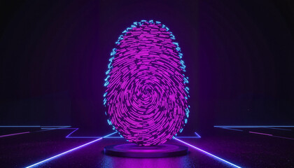 Neon fingerprint standing on a pedestal in a futuristic dark environment