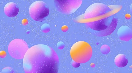 Fototapeta premium Abstract background with a blue sky and small white dots scattered throughout. there are multiple spheres of different sizes and colors, including pink, purple, orange, and yellow.