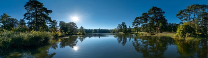 Serene lake reflection at sunrise hdr panoramic view in nature