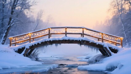 Wooden Winter Bridge with Snow and Warm Fairy Lights over Frozen River at Sunset Glow