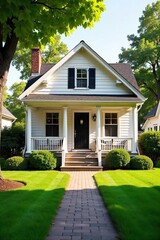 Warm Sunlight Bathes Charming Single-Story Home with Cozy Porch and Lush Lawn, Perfect for Real Estate, Family, and Home Improvement Projects