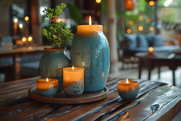 Minimalist spa composition featuring eucalyptus leaves, aromatic candles, and a ceramic cup of herbal tea on a wooden tray. Gentle natural light creates a soothing and balanced atmosphere