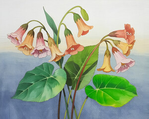 Botanical illustration of bellflowers with green foliage watercolor painting art