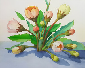 Watercolor painting of beautiful flower buds and greenery arrangement art