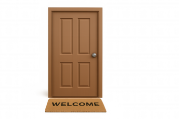 Brown door with welcome mat on transparent background representing entry, home, and opportunities