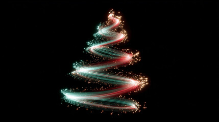 Glowing light trail christmas tree with red and teal sparkles on black background and copy space