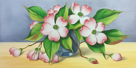 Beautiful watercolor painting of dogwood flowers in a vase art