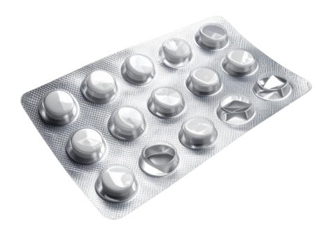  - A blister pack with several tablets removed, leaving empty pockets in the foil, captured at a slight perspective angle, realistic texture and small crinkles in the metallic surface, modern medi