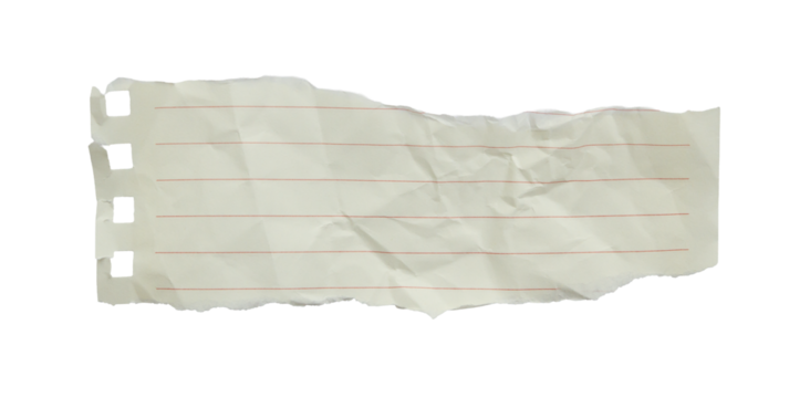 red lined blank paper note torn crumple on transparent background. for design and text.
