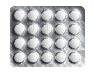  A realistic front view of a foil blister pack containing round white pills, clean silve, neat alignment of tablets in rows, medical product realism, isolated on a transparent background (2)