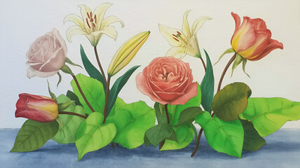 Watercolor painting of roses and lilies on blue surface art