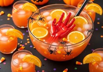 Spooky halloween punch bowl with orange slices and spider decorations