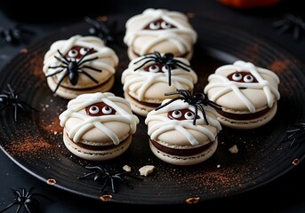 Spooky mummy macarons with candy eyes and spider decorations