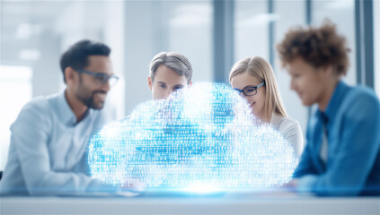 Team of professionals working with cloud computing technology in modern office, concept of data storage, innovation and teamwork.