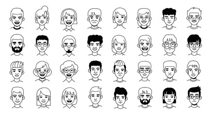 Obraz premium Collection of diverse hand drawn cartoon faces illustrating different emotions and styles.