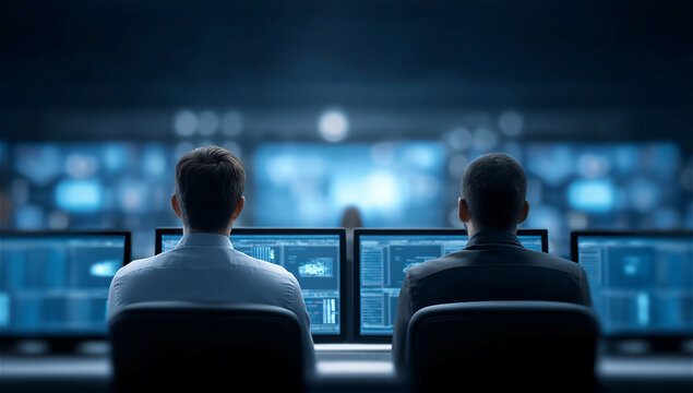 Two cybersecurity professionals monitoring digital data on multiple screens in control room, concept of protection, network security and information technology.