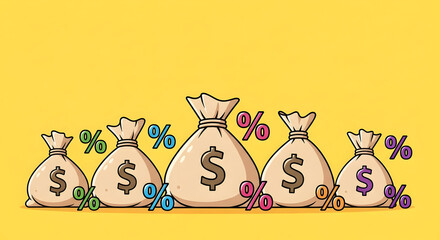 "Illustration of money bags labeled with percentage rates 1%, 5%, 10%, 15% and 20% representing interest rates and savings tiers"