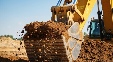 Yellow excavator bucket scooping brown soil under a clear blue sky