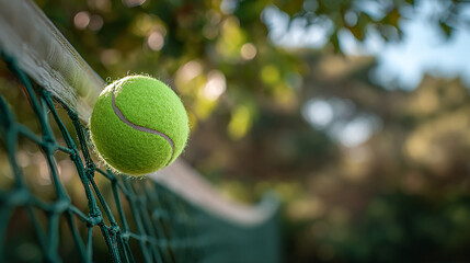 Bright green tennis ball caught on outdoor court net with sunny bokeh background for sports concept and banner
