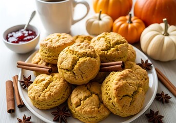 Delicious pumpkin muffins with coffee and fall decorations