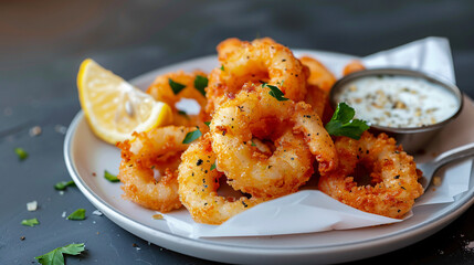 Golden Calamari Delight: A close-up shot showcases crispy, golden-brown calamari rings, artfully arranged on a plate, accompanied by a zesty lemon wedge and a small bowl of creamy dipping sauce.
