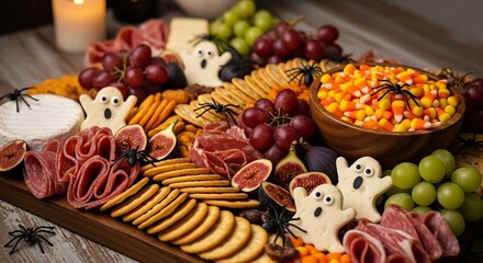 Festive halloween charcuterie board with spooky ghost cheese and grapes