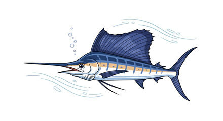 The majestic sailfish, an iconic marine predator known for its speed and distinctive dorsal fin. The fastest fish in the ocean swimming through blue water with bubbles.